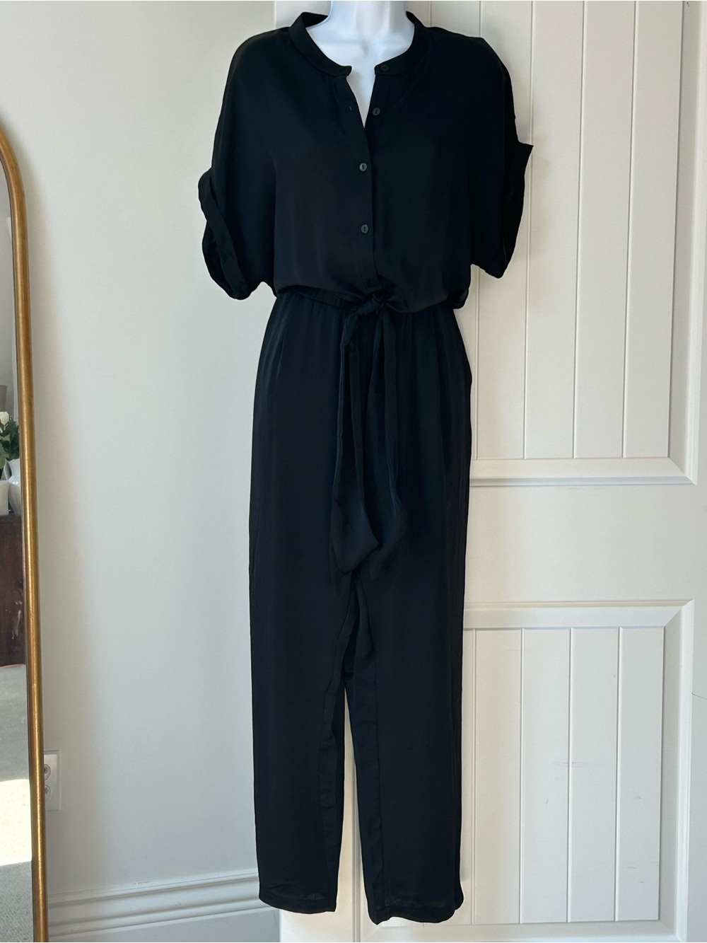 Silky Black Button-Front Jumpsuit with Tie Waist L